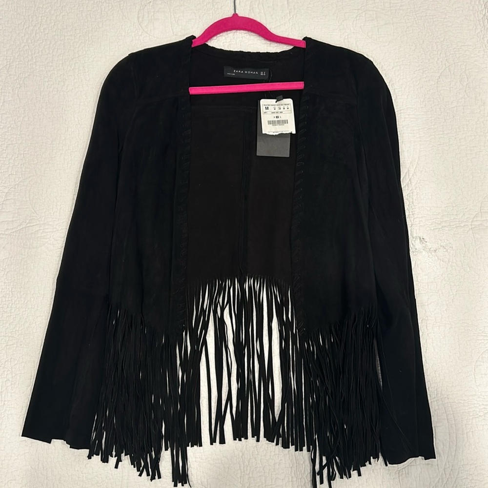 ZARA Women’s black suede jacket with fringe size medium